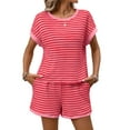 thumbnail image 3 of Women'S Summer 2 Piece Sets Striped Short Sleeve T Shirts and Shorts Loungewear Matching Set Deep Pink L, 3 of 9
