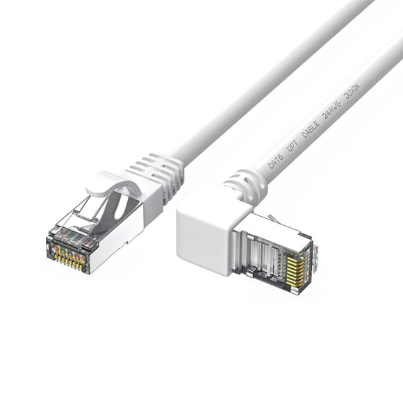 JUXINICE 90 Degree CAT6 Ethernet Cable RightAngled Upward, Cat 6 Ethernet Right Angle Patch Network Cable RJ45 gigabit Internet Cable for PC, Router, Modem, Xbox, PS4, PS3-6FT,White (UP Angle, 30FT)