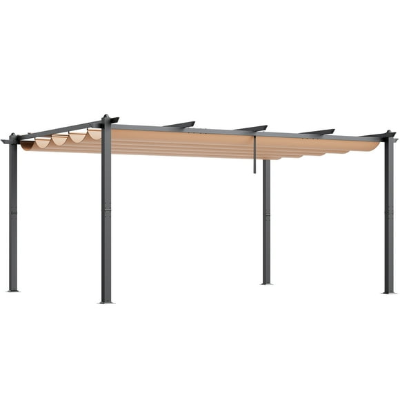 KFFKFF 12'x16' Aluminum Patio Pergola with a Retractable Sun Shade, Ideal for Gardens, Decks, and Backyards - Beige