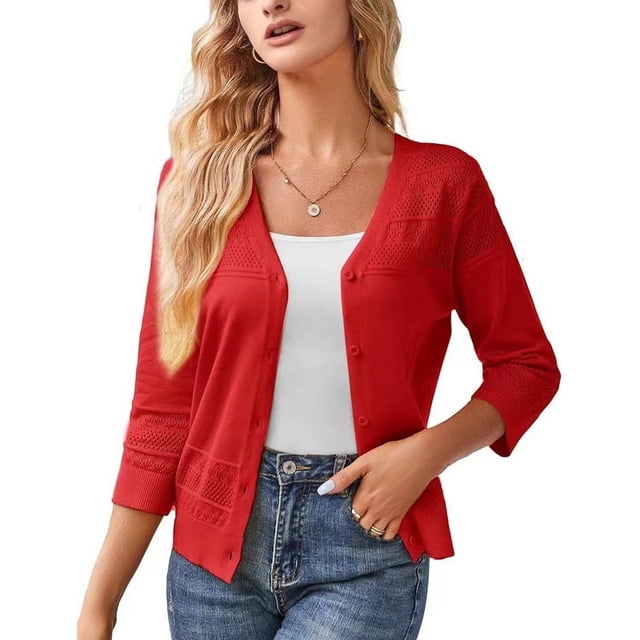 Cardigan Court pour Femme à Manches 3/4, Boléro au Crochet, Chandail en Tricot Ajouré, Hauts, Rouge, M