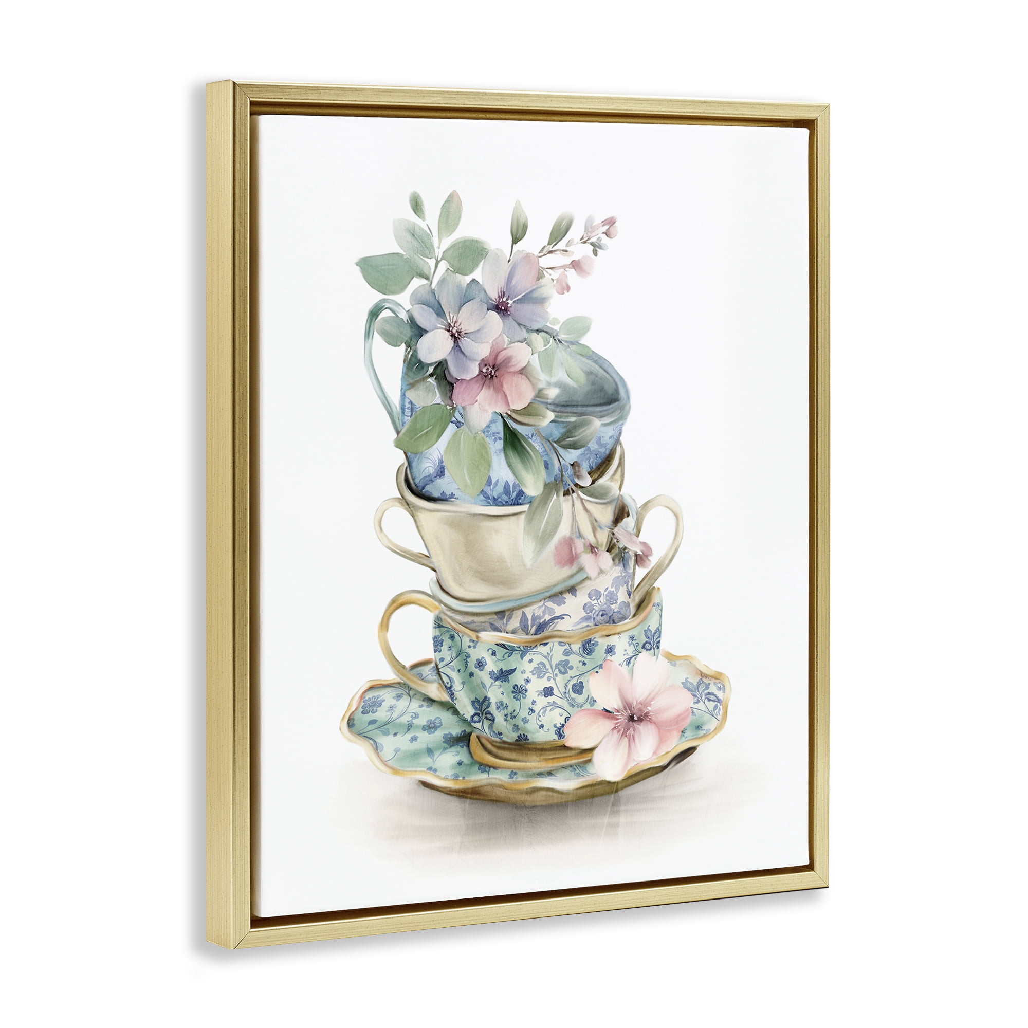 Stupell Industries Floral Teacup Chinoiserie Gold Framed Floater Canvas Wall Art, design by Kim Allen