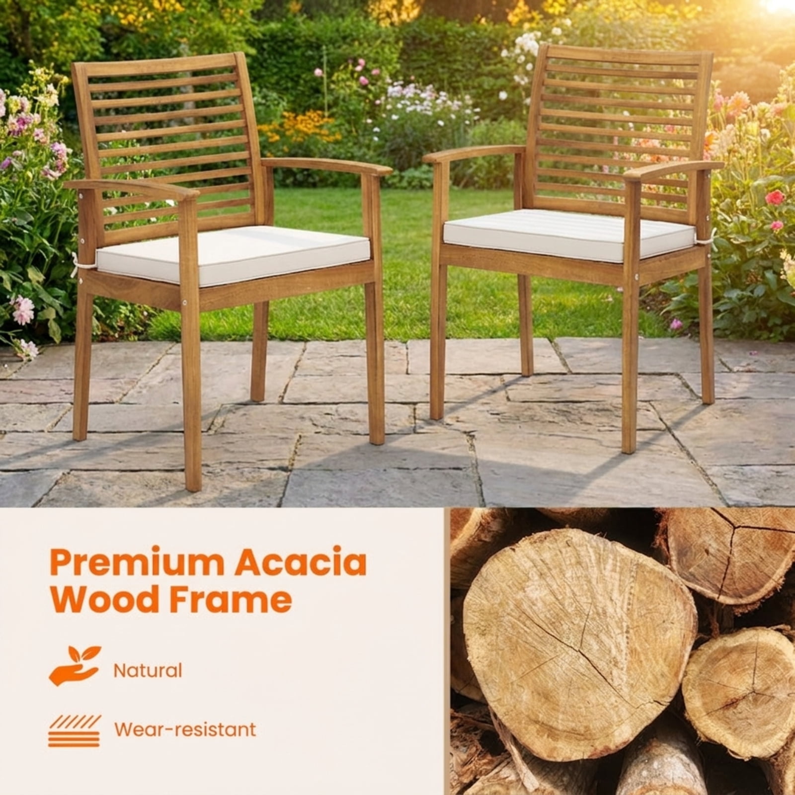 Furnibear Outdoor Patio Dining Chairs Set of 2 Acacia Wood Conversation Chairs with Removable Padded Cushion and Slatted Backrest, Beige