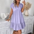 thumbnail image 5 of QUNYINEY Purple Womens Dresses Casual Cotton Linen Midi Short Sleeve Summer Sundress V Neck Vacation Loose Fit Ruffle Hem Dresses, 5 of 9