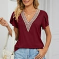 thumbnail image 2 of JWZUY Womens Crochet Lace V Neck Tops Solid Tunic Petal Sleeve Tees Shirts Blouse Short Sleeve Chiffon Elegant Tshirt Summer 2023 Wine S, 2 of 8