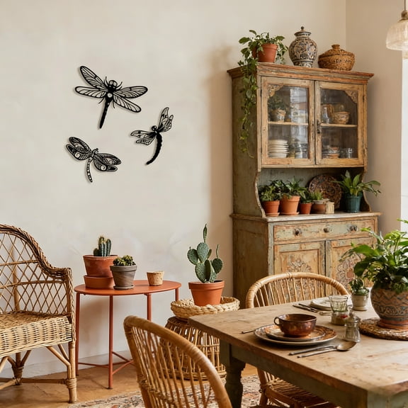 HELLOYOUNG 3Pcs Metal Dragonfly Wall Art Set - Rustic Black Silhouette Outdoor Indoor Decor for Living Room, Bedroom, Garden Home Decoration