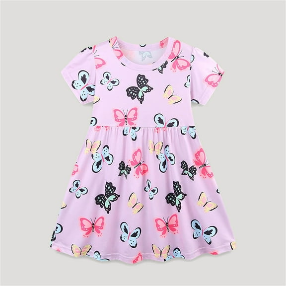 DAETIROS Girls Dresses,Cotton Floral Casual Short Sleeve Round Neck Cute Girls Summer Dress Purple Size 4 years