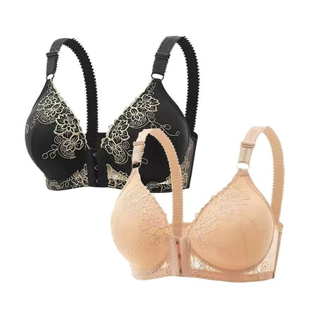 Ecqkame 2Pc Front Closure Bras for Women Lace Floral Push Up Bra Breathable Lift Everyday Bra 2PC Beige L on Clearance