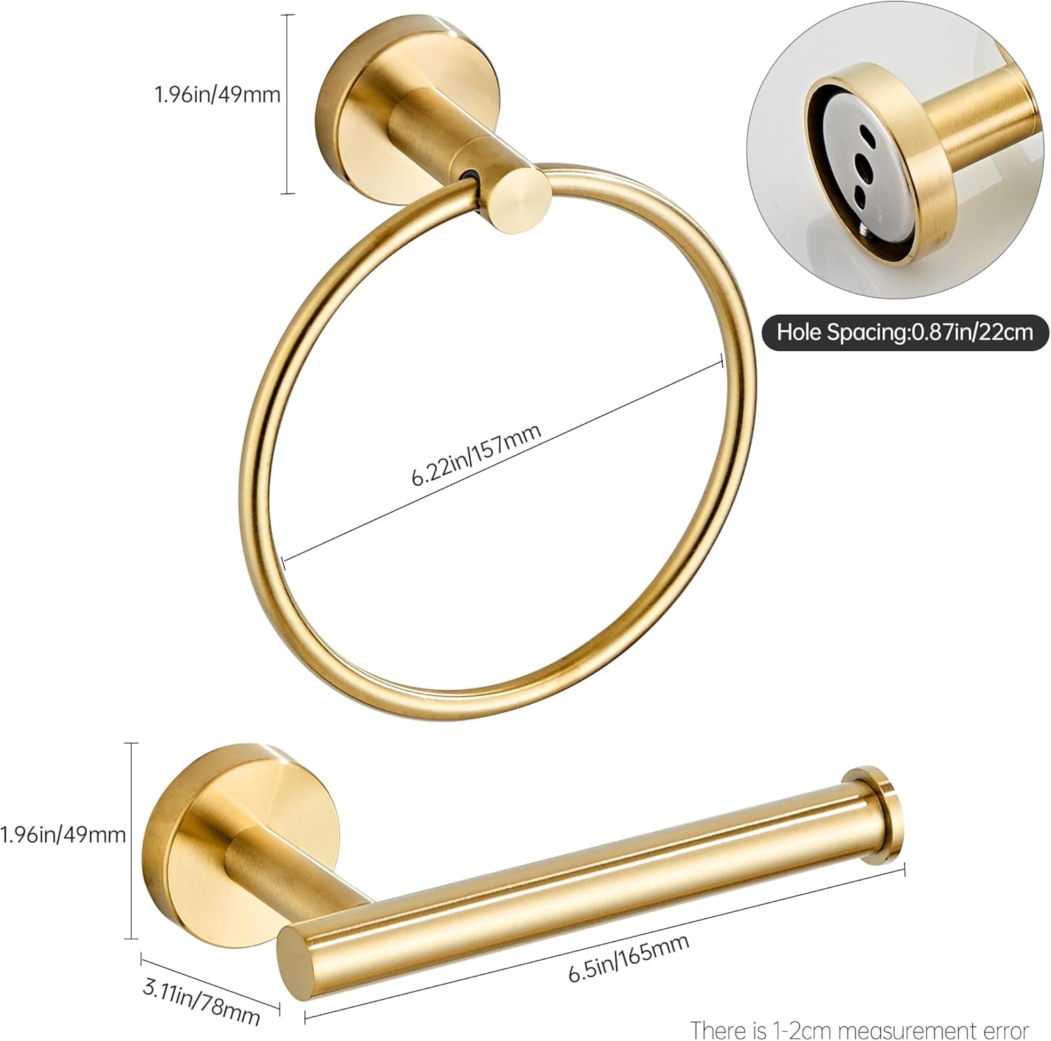 ABPETE Gold Toilet Paper Holder, Brushed Gold Towel Ring, Hand Towel Holder Toilet Paper Roll Holder Wall Mount Bathroom Accessories, Modern SUS 304 Stainless Steel Bathroom 2 Set