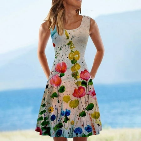 

cllios Women Casual Sleeveless Tank Dresses Crewneck Summer Floral Print Dress For Beach for Women 2022
