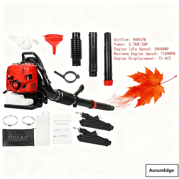 AurumEdge Gas Leaf Blower, 75.6CC 4-Stroke Backpack Gas Leaf Blower, Snow Blower, Up to 900 CFM and 210 MPH, Variable Speed, Cruise Control (Red)
