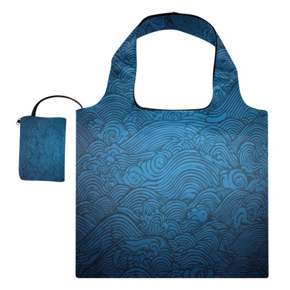 Large Capacity Print Tote Bag,Lightweight Portable Foldable Shopping Bag Water Waves in Deep Blue
