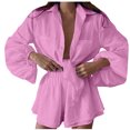 thumbnail image 2 of FNFYFH Women Summer Beach 2 Piece Sets Shorts Outfits Flowy Button-Down Shirts Lounge Wear Ruffled Short Pants Matching Set Pink,M, 2 of 6