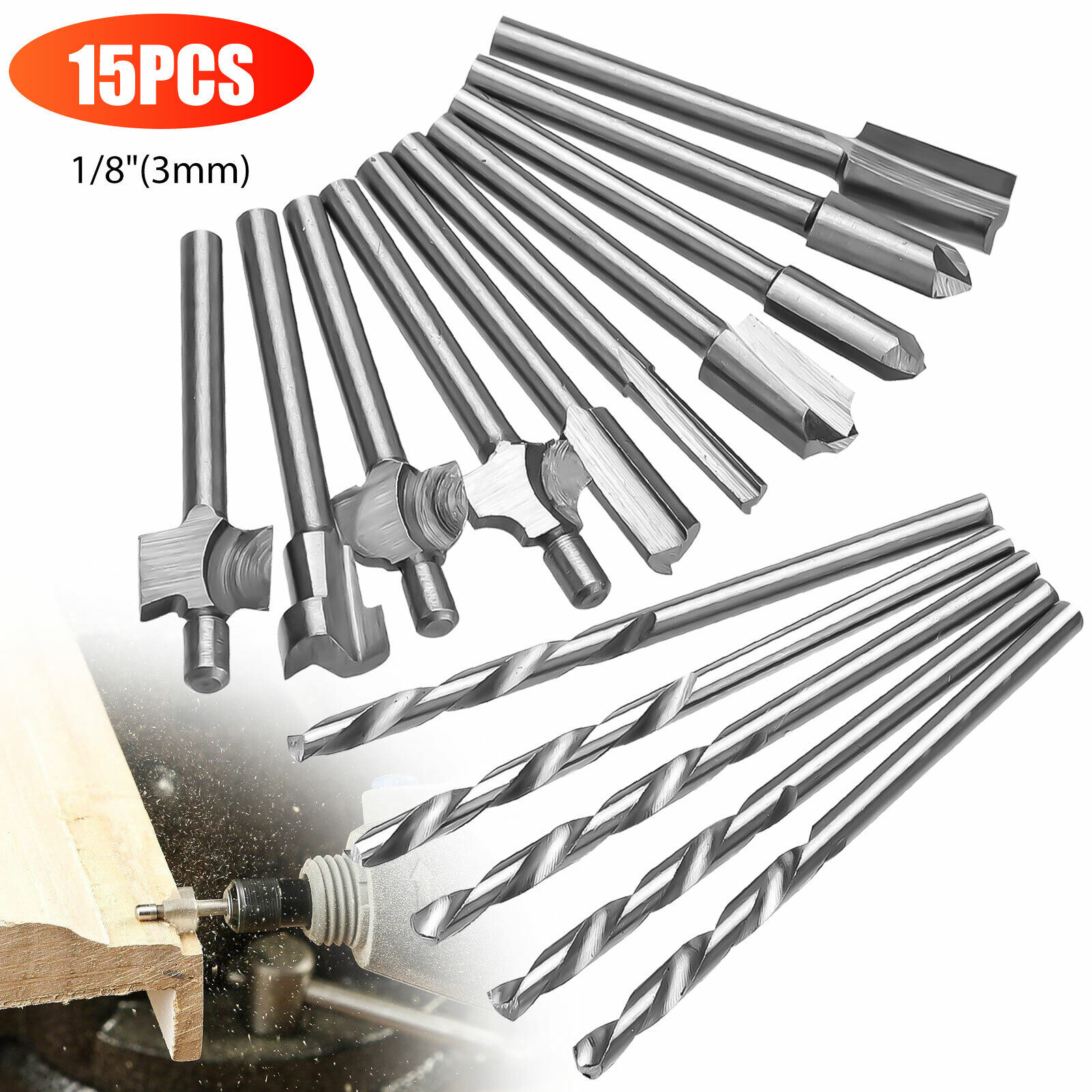 15Pcs 1/8" 3mm Shank Router Drill Bits Set for Dremel Rotary Multi
