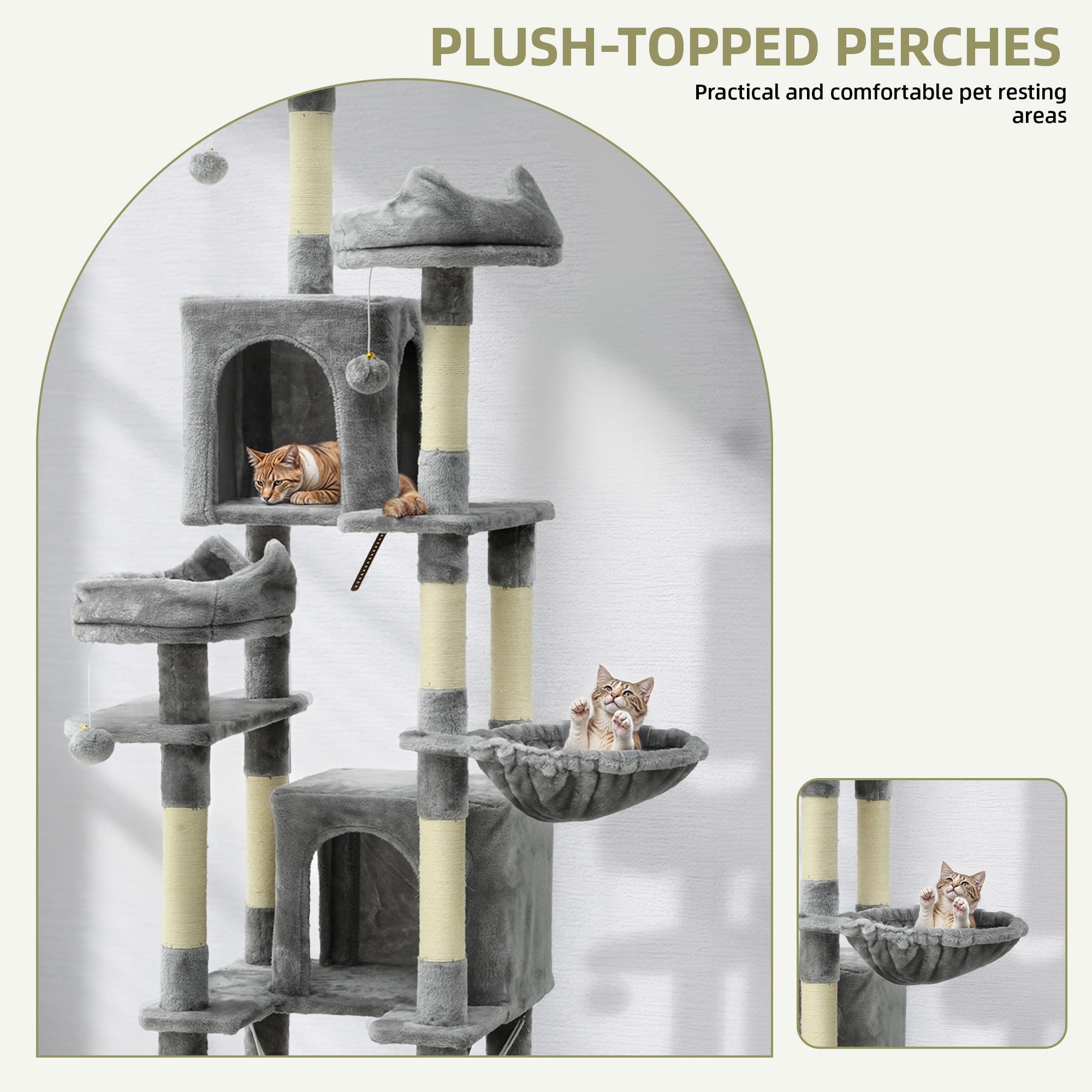 Uforic 75in Large Cat Tree Tower, Multi-Level Cat Condos, with Scratch Posts, Cozy Basket Hammocks, Top Perches, Sisal Ramp, Light Gray