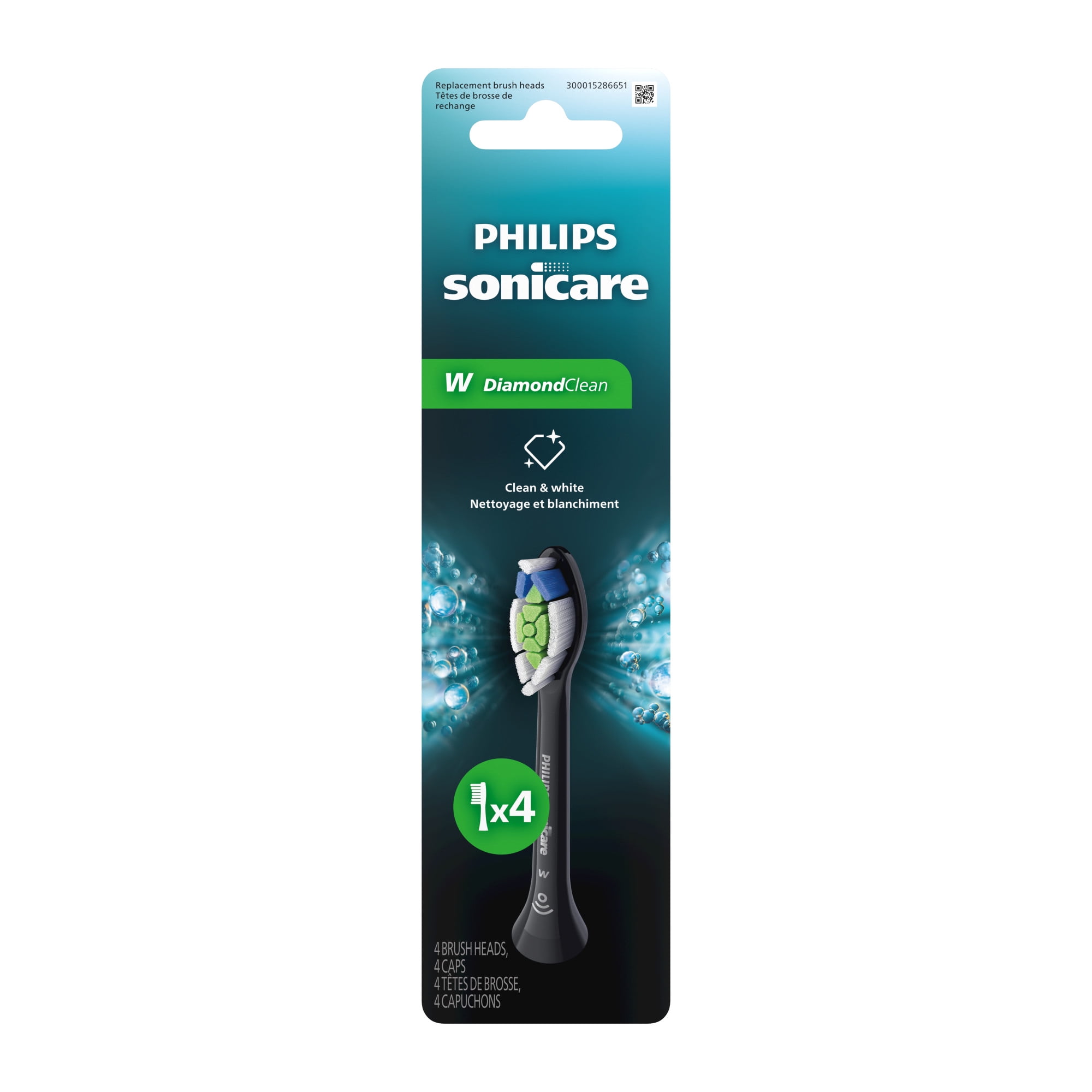 Philips Sonicare W Diamondclean - Genuine Replacement Electric Toothbrush Heads, Black, 4 Pack One Year Supply, HX6064/95