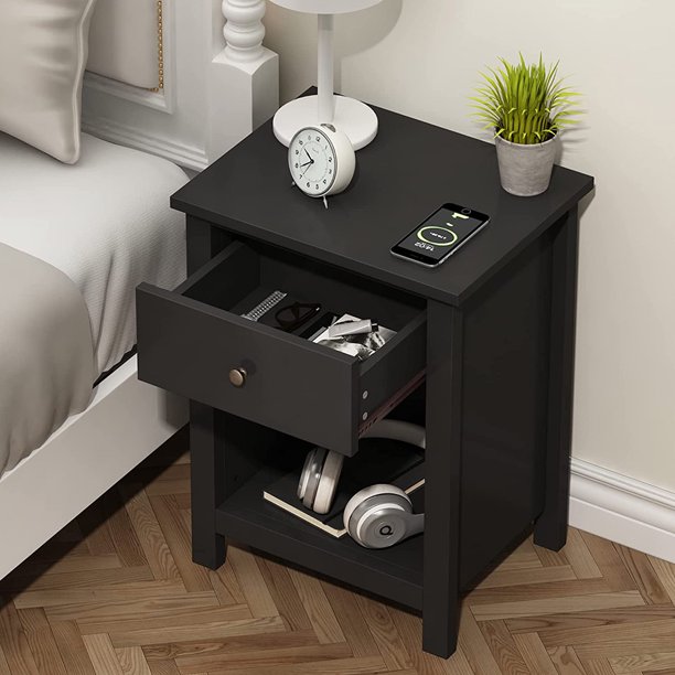Bedroom night table, bedside table with drawer and storage unit, black