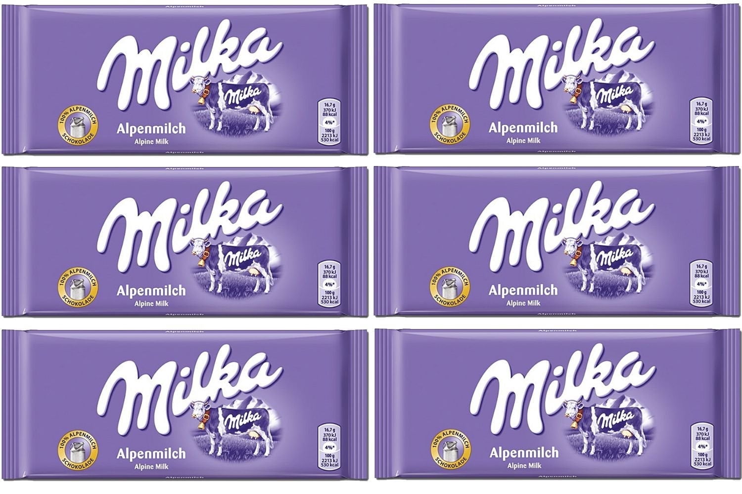 Milka, Alpenmilch Alpine Milk Chocolate, 100g (Pack of 6
