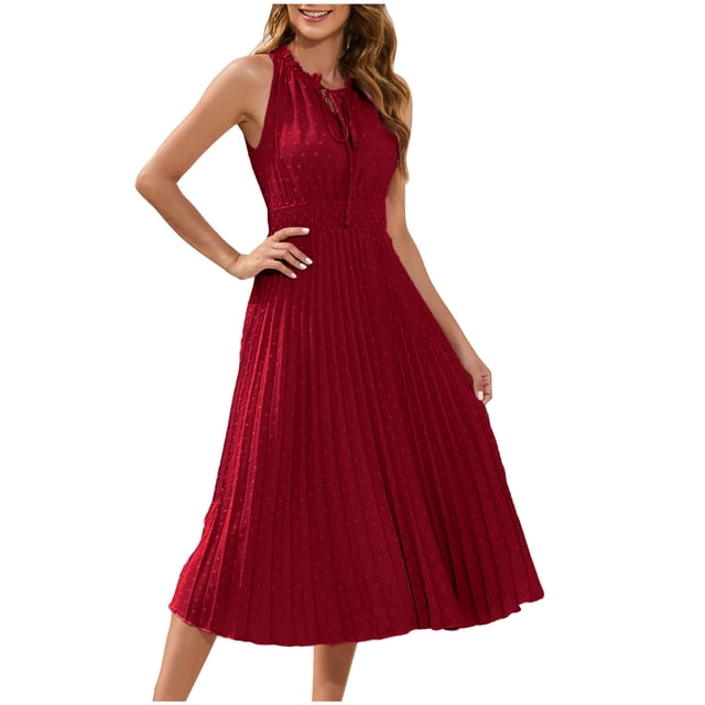 FAIWAD Robe d'Été pour Femmes à Pois Suisses Sans Manches Plissée Coupe Trapèze Longue Fluide Robe de Soirée Cocktail