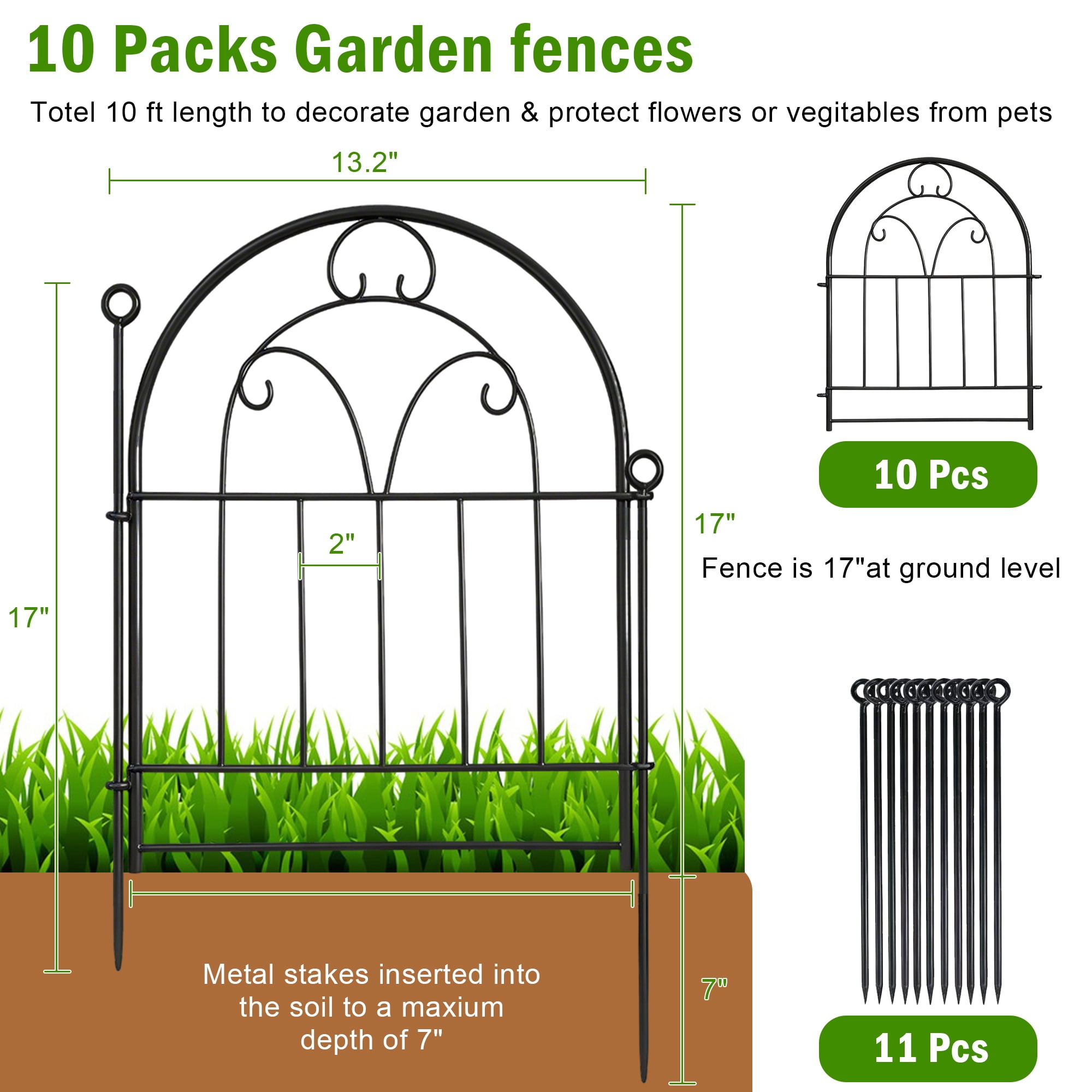 Garden Fence 10 Panels, 24in (H) X 11ft (L) Decorative Garden Fencing for Yard, KIMHY Rustproof Metal No Dig Fence Border Animal Barrier for Dog Pet