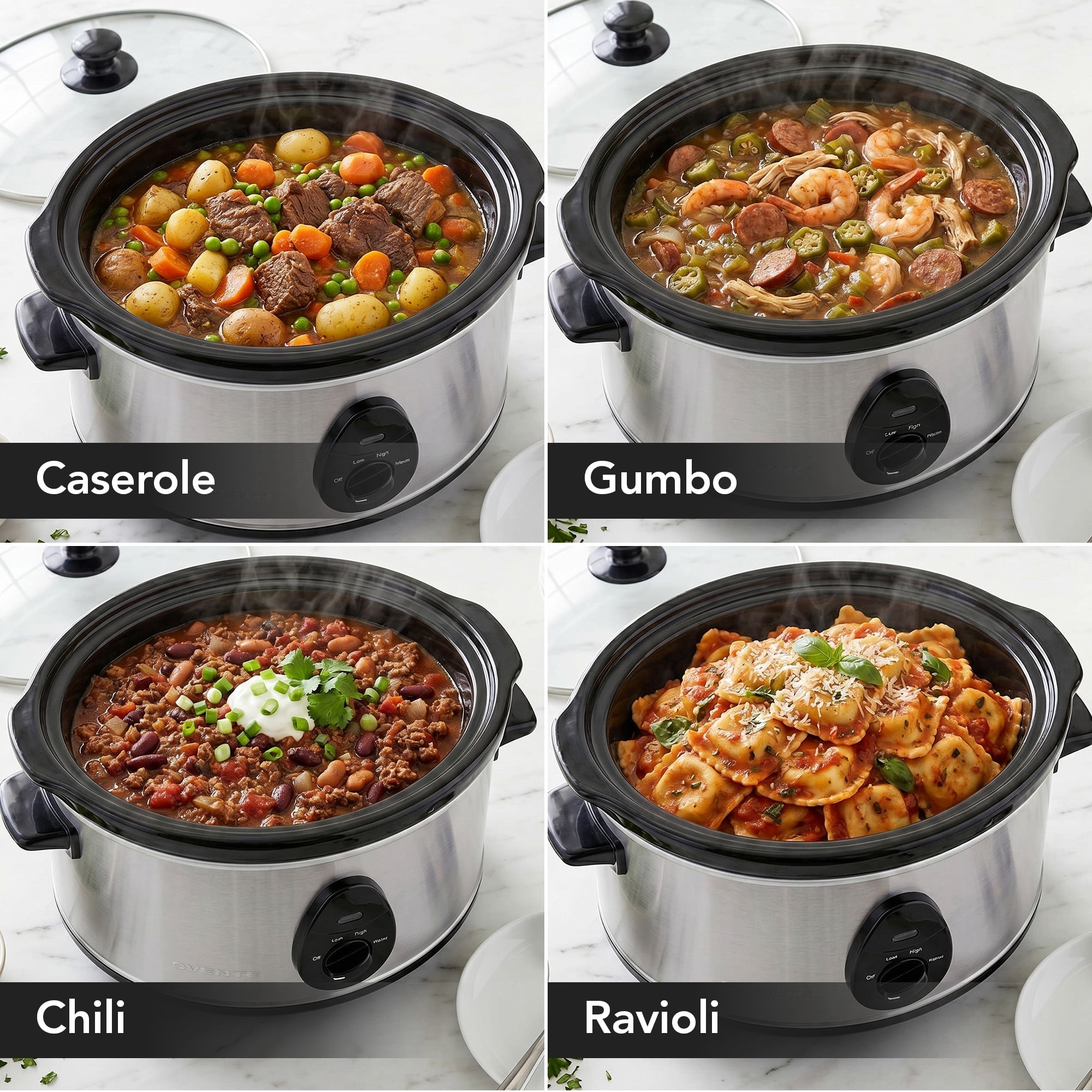 OVENTE Electric Slow Cooker with 3 Cooking Settings, Non-Stick and Dishwasher Safe Stoneware, Stainless Steel Body, Glass Lid 3.7 Qt Oval Pot for Entrees, Soups, Sauces, Stews & Dips, Silver SLO35ABR