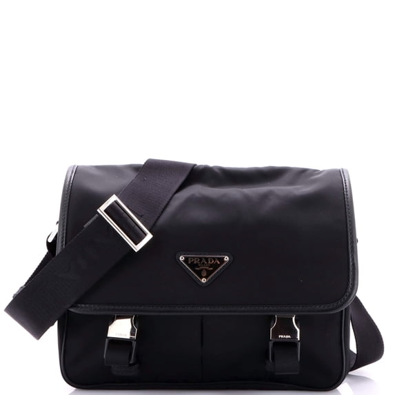 Pre-Owned Double Buckle Flap Messenger Bag Re-Nylon with Saffiano Medium By Rebag
