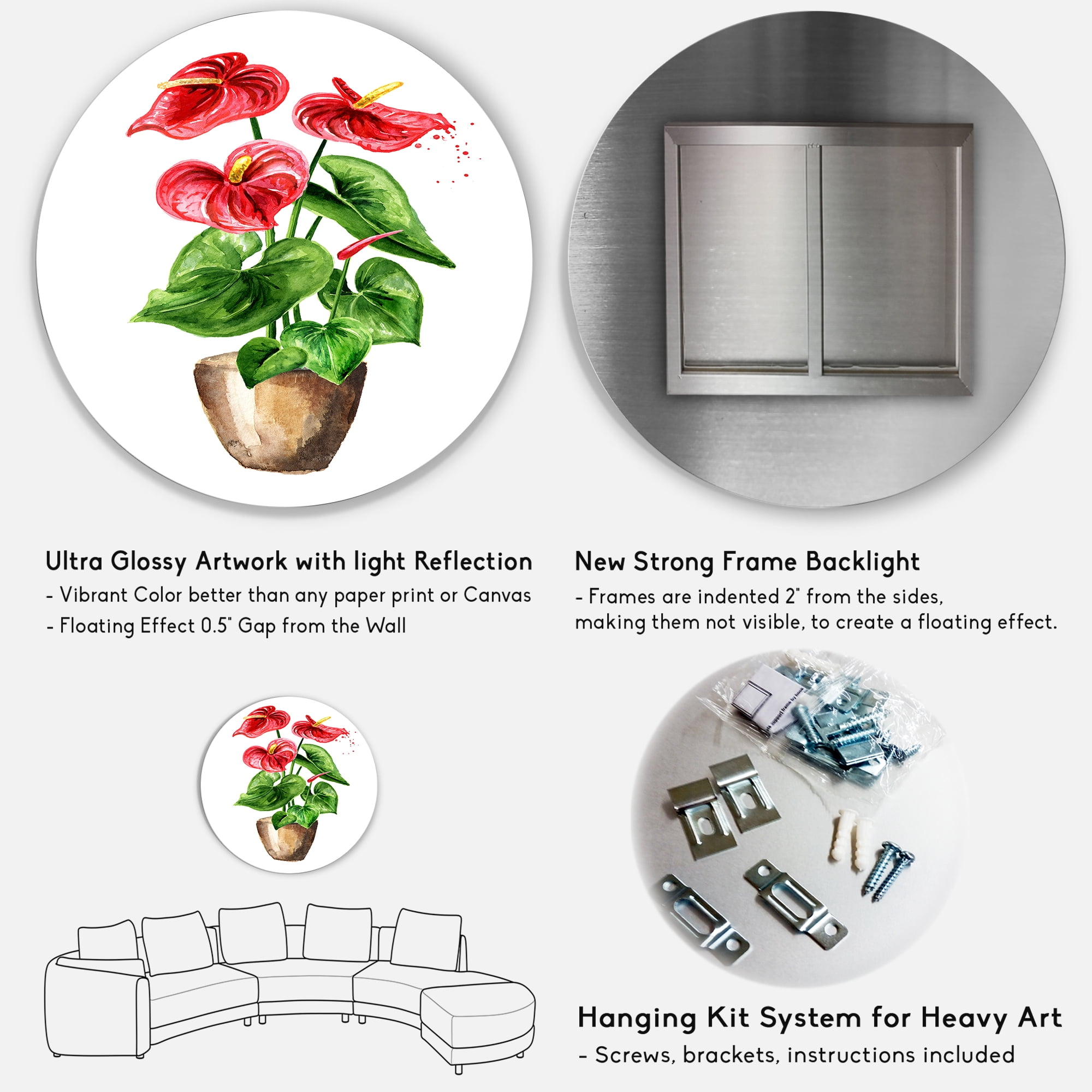 Designart 'Anthurium Tailflower In The Pot' Traditional Circle Metal Wall Art 36x36 - Disc of 36