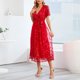 thumbnail image 5 of Puntoco Vestido De Manga Corta Con Cuello En V, Vestido De Malla De Seda Brillante Bordado Con Cuello En V Para Mujer Rojo M, 5 of 8
