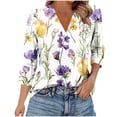 thumbnail image 2 of Njagoc3 Womens V - Neck 3/4 Sleeve Top, White - Purple Floral Print Shirt, Feminine for Garden Parties, 2 of 6