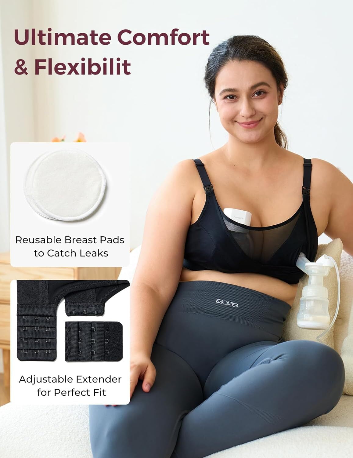 Momcozy Mesh Support Pumping Bra Hands Free Suitable for 36C-44G, HF018 Comfortable Plus Size Pumping and Nursing Bra in One