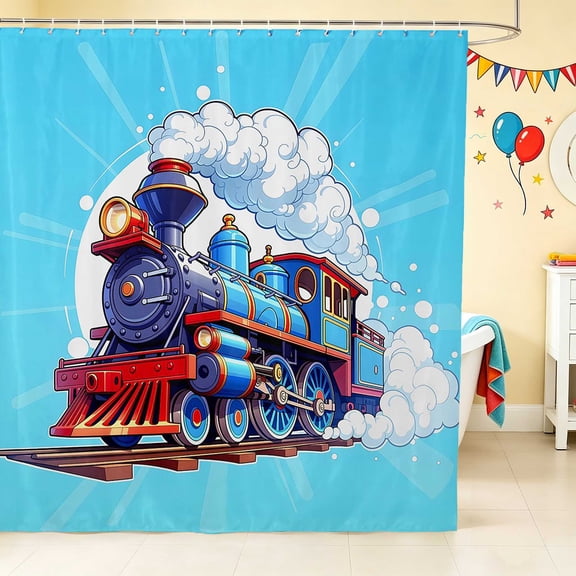 Erosebridal Train Shower Curtain 72Wx72L, Steam Engine Bathroom Curtain, Blue Cartoon