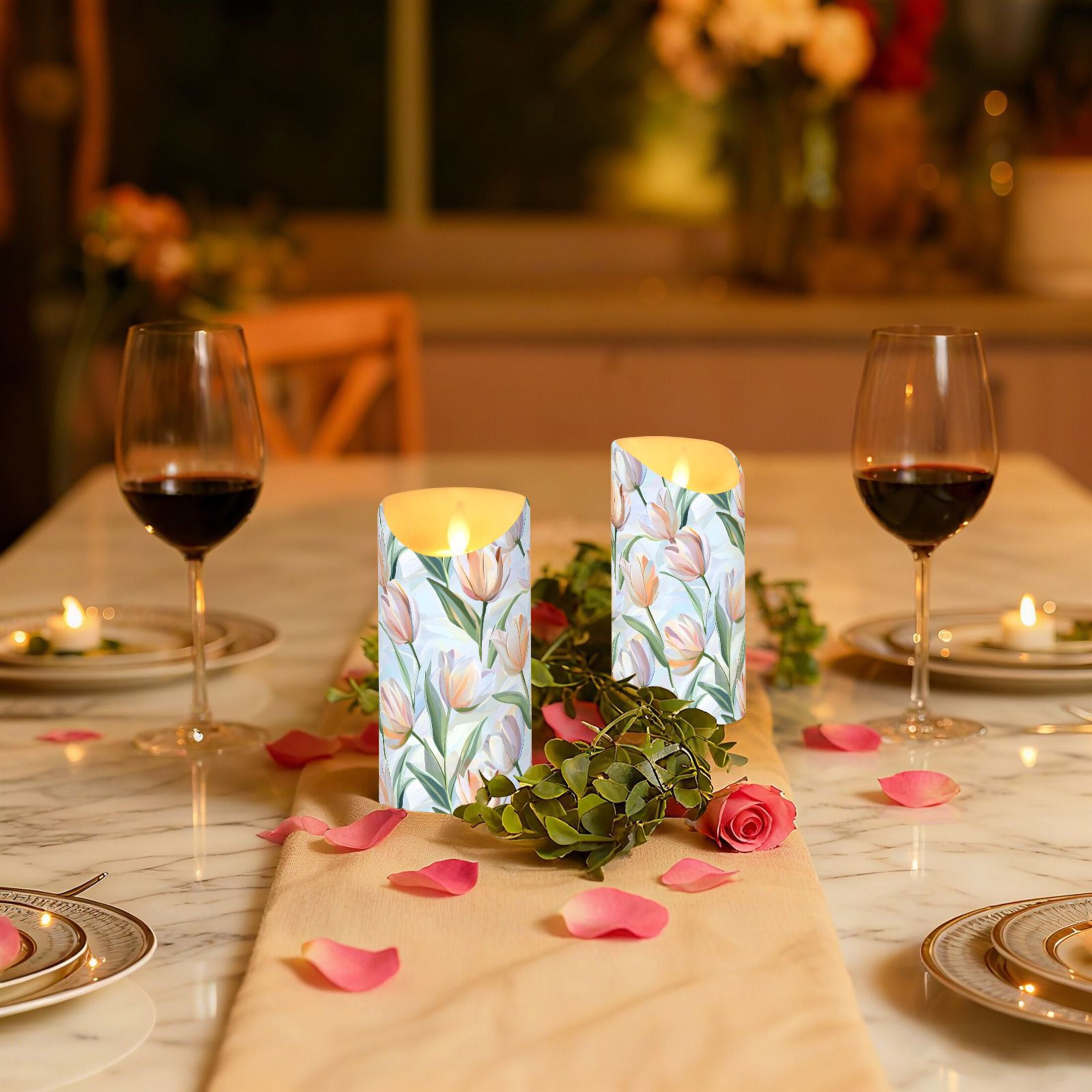 Soft Tulip Pattern Flameless Candles 2 PCS with Remote Realistic Moving Flame LED Tapered Pillar Set for Home Decor