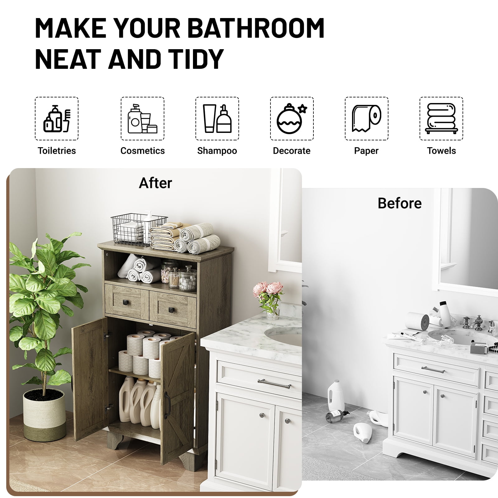 Farmhouse Bathroom Storage Cabinet, Freestanding Bathroom Floor Cabinet with Doors and Drawers, 41.3" H Bathroom Organizer with Adjustable Shelf, Gray