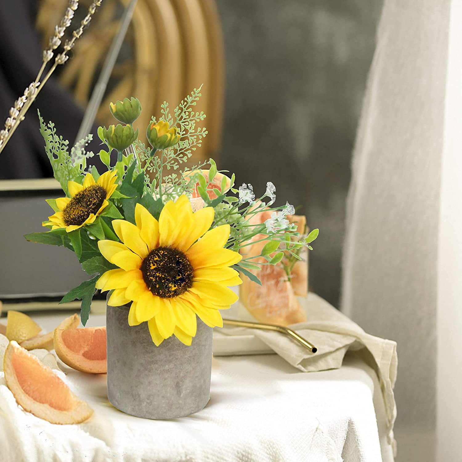 Sunflower Decor Artificial Potted Plants Yellow Fake Flower in Pots, Artificial Sunflower for Bathroom Home Kitchen Rustic Table Centerpiece Shelf Decor