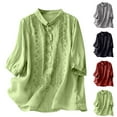 thumbnail image 1 of Women's Floral Print Linen Shirts Solid Color 3/4 Sleeve Lapel Button Embroidered Casual Top Green, 1 of 9