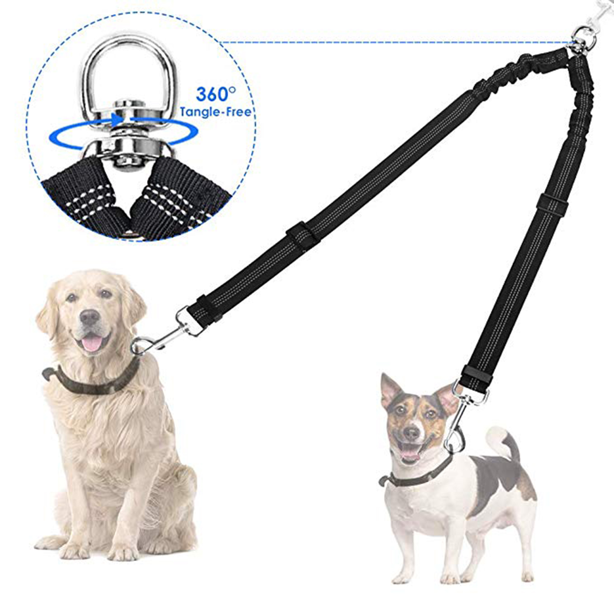Double Dog Leash, No Tangle 360?? Swivel Rotation Reflective Double Lead Adjustable Length Dual