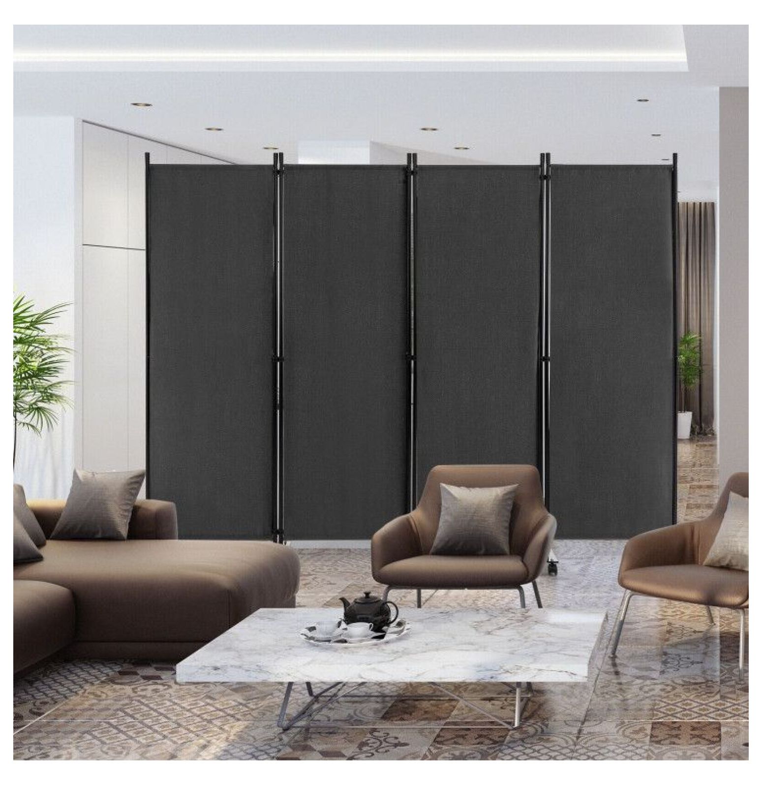 Yunken 4-Panel Room Divider with Locking Casters, 5.6 Ft Steel Frame Folding Screen for Bedroom & Office Use