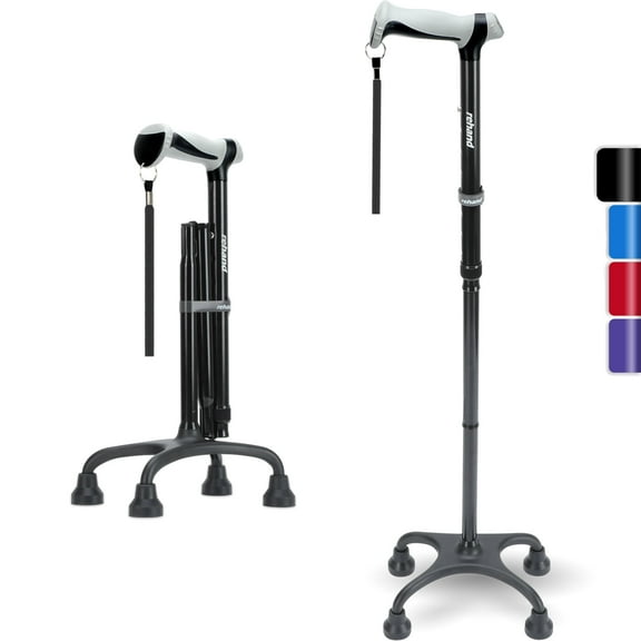 REHAND Adjustable Foldable Quad Cane,Lightweight Walking Cane for Men & Women with 4-Pronged Base for Extra Balance & Stability,Black