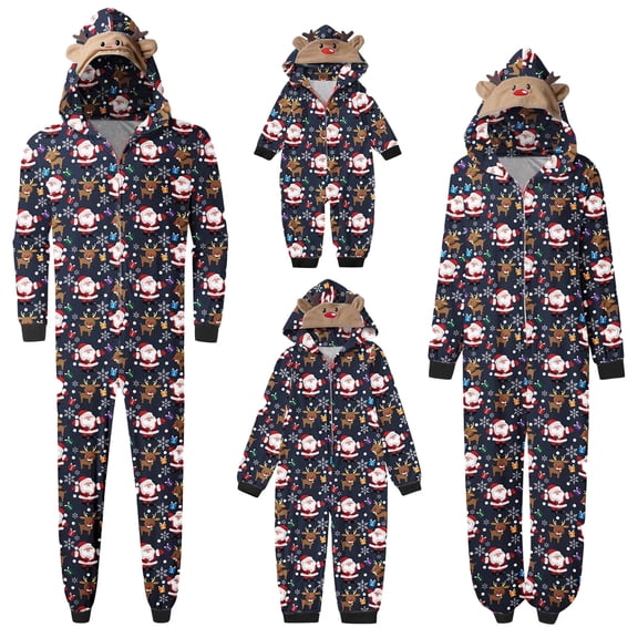 Aunavey Matching Family Christmas Onesies Pajamas Sets Elk Antler Hooded Romper PJ's Zipper Jumpsuit