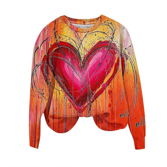 Hueook Women's V-Day Tees Women's Printed Long Sleeved Round Neck Pullover Top Hoodless Casual and Fashionable Sweatshirts Red S
