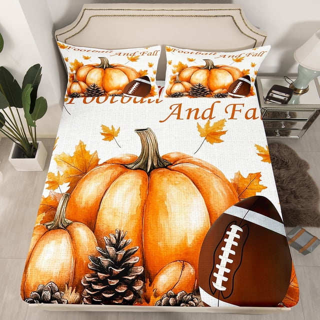 YST Draps de Lit Citrouille de Récolte d'Automne Simple, Drap-Housse de Soccer Soccer pour Garçons Rustique avec Feuilles d'Érable d'Automne Ensemble de Literie pour Enfants Ados, Ensemble de Lit de Style Campagnard Ferme pour l'Action de Grâce, 1 Taie d'Oreiller