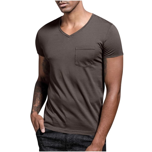 Blusas y camisas de manga corta con cuello en V para hombre, blusa informal de verano a la moda de color liso con bolsillos y manga corta con cuello en V para hombre
