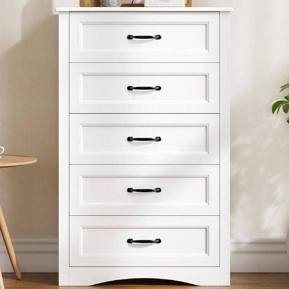 Gizoon 5 Drawer Dresser, White Wood Chest of Drawers for Bedroom, 43.3" Large Capacity Storage Cabinet with Anti-Tip Device, for Clothes, Living Room, Hallway, Office