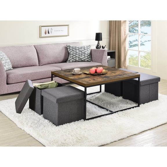 35" Weathered Oak Wood Grain Coffee Table , 4 Storage Stools, Tabletop, Black Metal Base, Adjustable Legs For Precision 5 , Outstanding Practical Utility