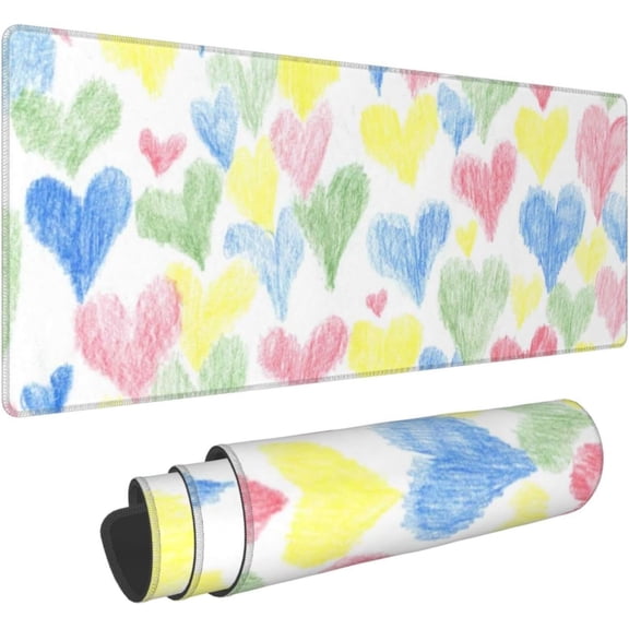 HandDrawn Colored Hearts Gaming Mouse Pad 31.5 x 11.8 Inch Large Desk Keyboard Mat with NonSlip Rubber Base and Stitched Edges, Perfect for Work, Play, Office, and Home