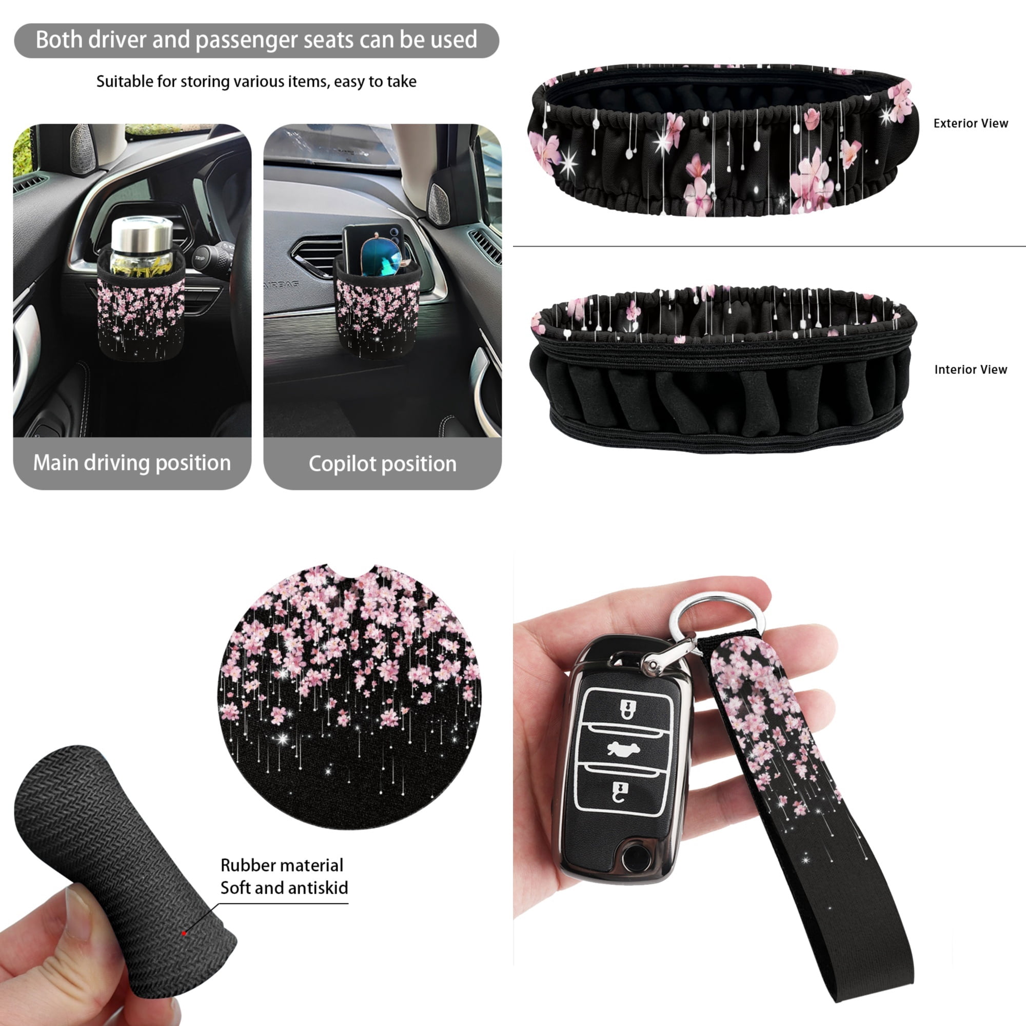 Yuyamidu Cherry Blossom Car Seat Cover Set of 15 Pink Steering Wheel Cover Seat Belt Strap Cover Trash Cans Rear View Mirror Cover Cup Coaster Keychain Air Vent Storage Bag Universal Fit
