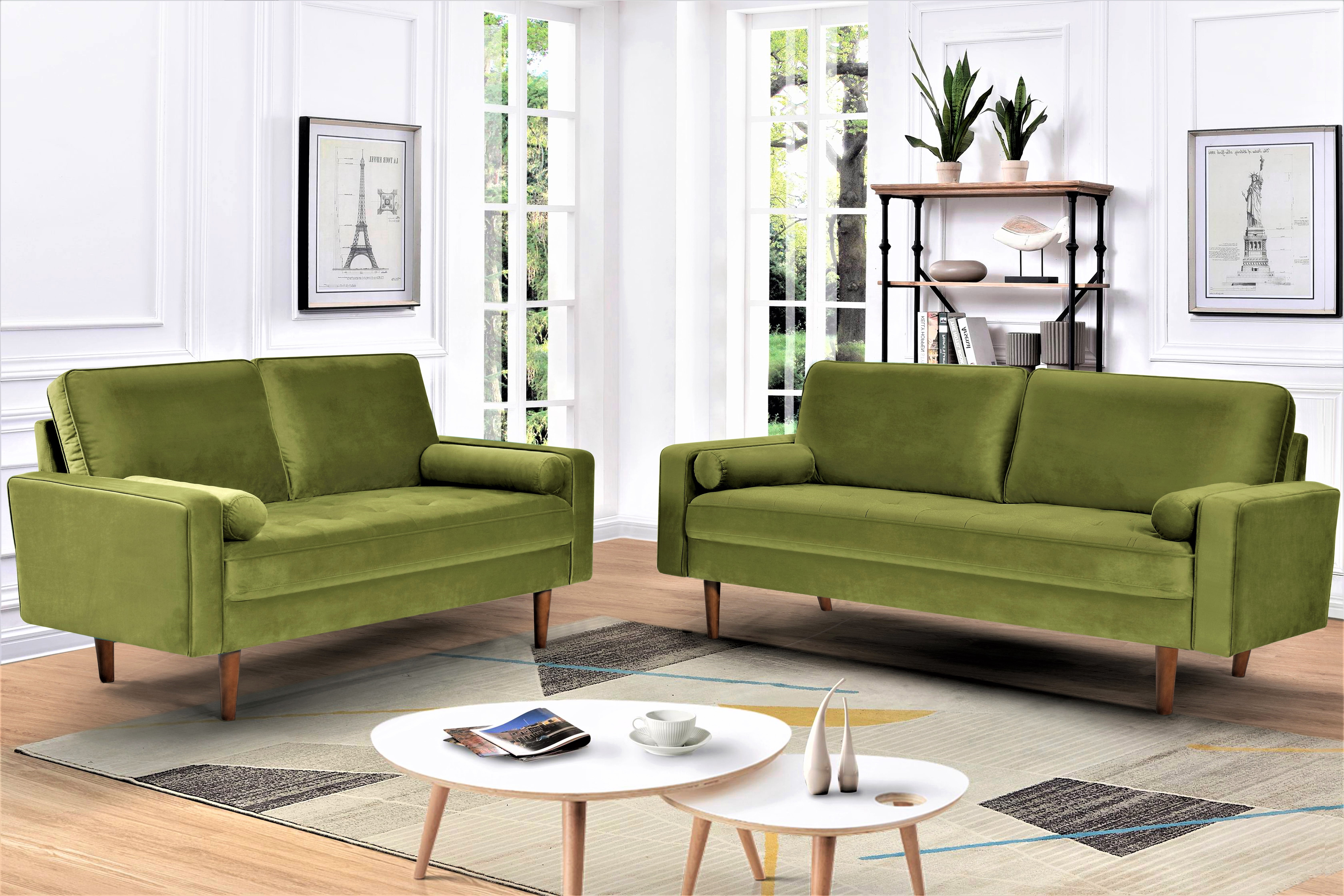 US Pride Furniture Monahan Velvet 2PC Living Room Sets Sofa Loveseat Olive Green