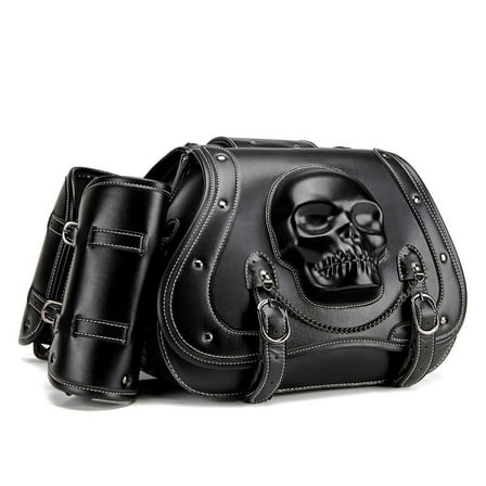 BIBABLYKE Large Capacity PU Leather Motorcycle Saddlebags Waterproof Side Bags Stylish Skull Designs Tool Storage Bag for Bike