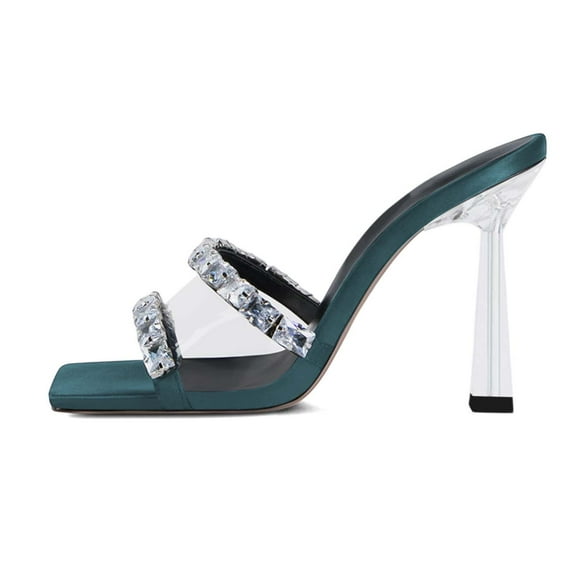 XYD Women Rhinestones Square Open Toe Stiletto High Heel Slipper Sandals Slip On Mules Summer Dressy Shoes Size 7 Teal