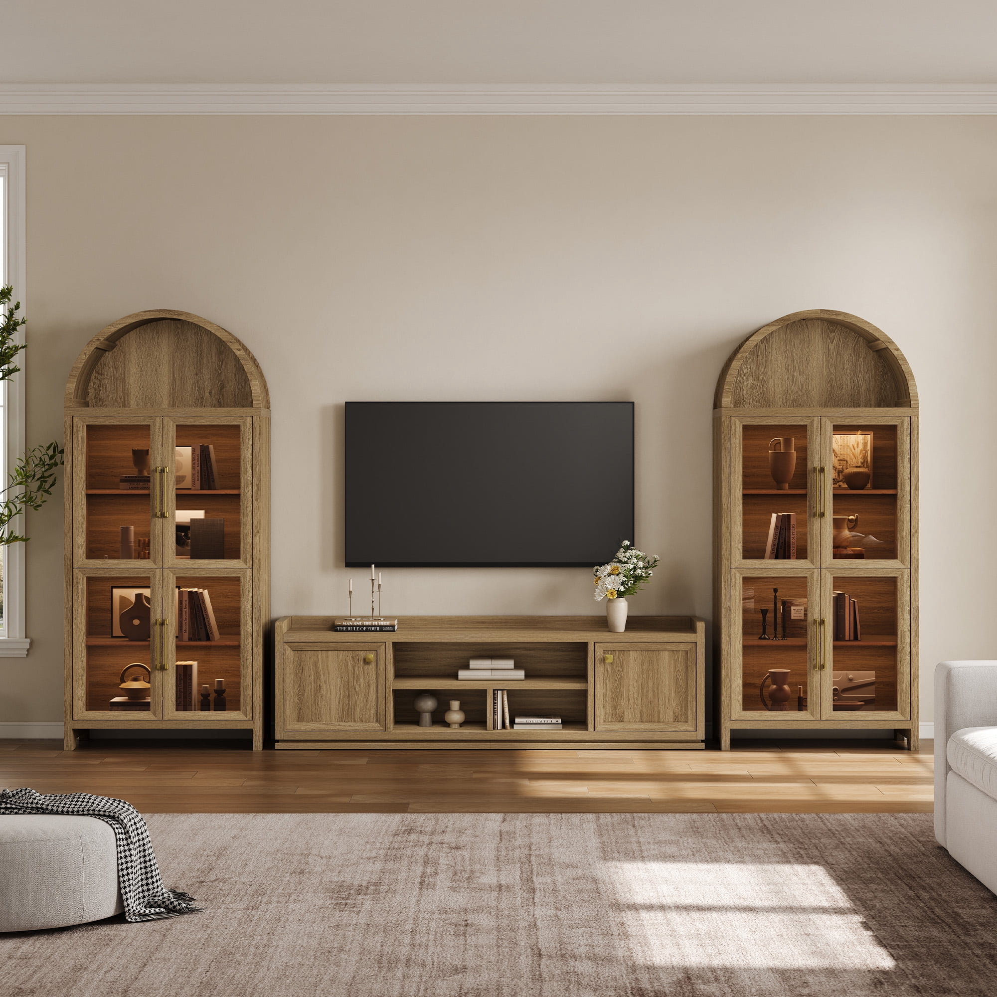 SICOTAS Farmhouse TV Stand for TVs up to 75", Entertainment Center with Storage Cabinets & Open Shelves, Wood TV Cabinet, Media Console Table for Living Room, Brown