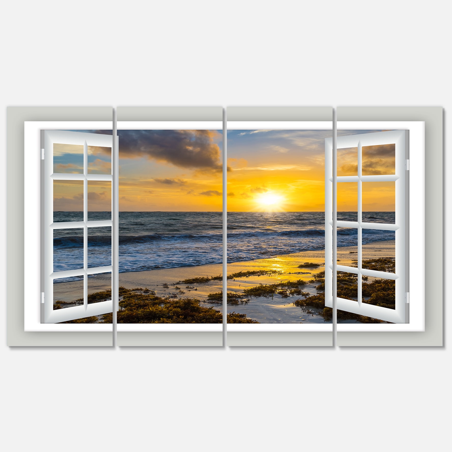 Designart 'Open Window to Bright Yellow Sunset ' Modern Seascape Canvas Artwork